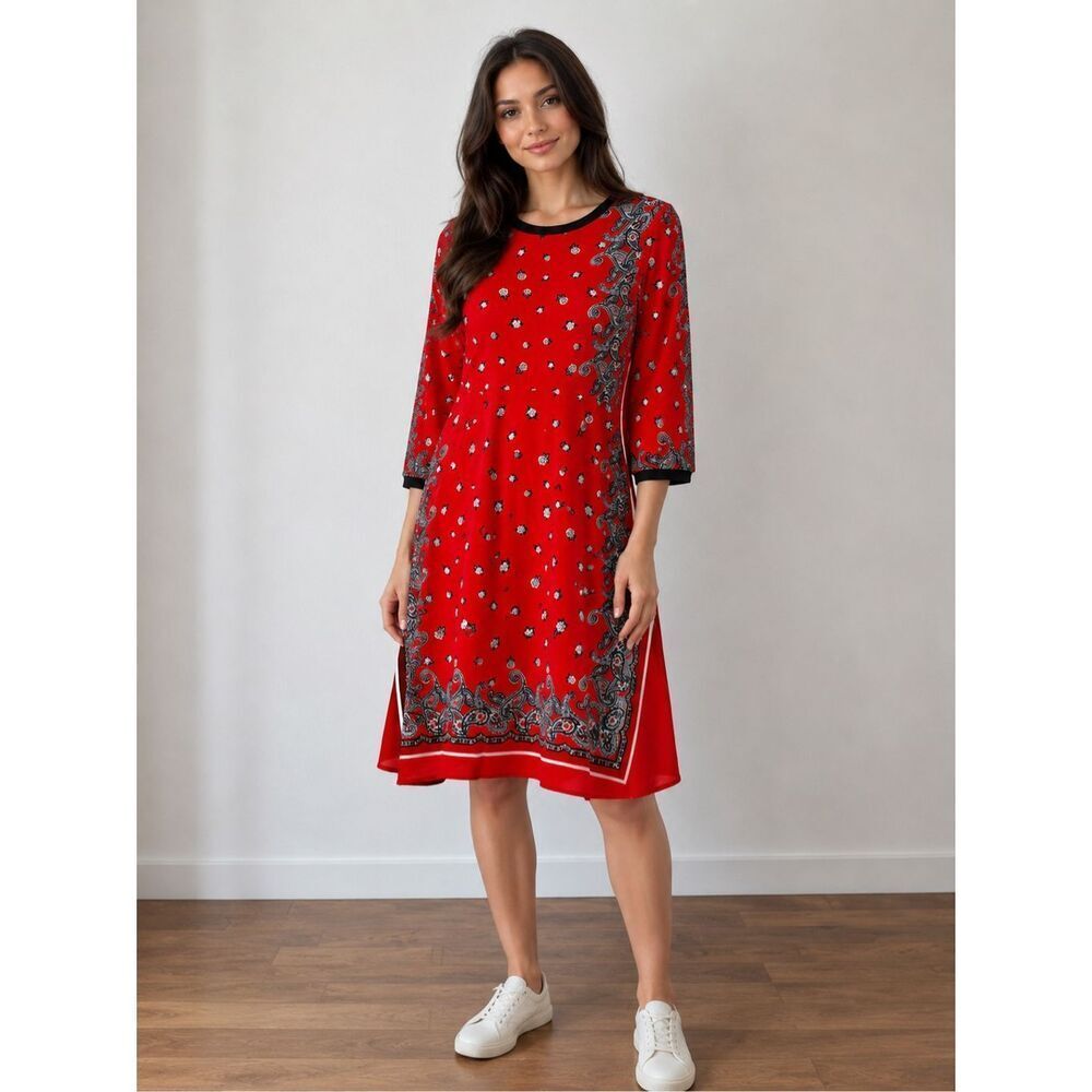 Zara Red Paisley Print Shift Dress Size S Boho Flowy Midi Mini Tunic 3/4 Sleeve